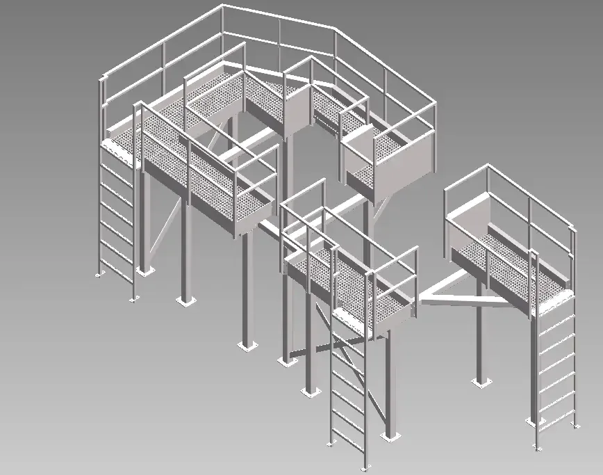 3D model of a multi-level metal platform with ladders and railings.