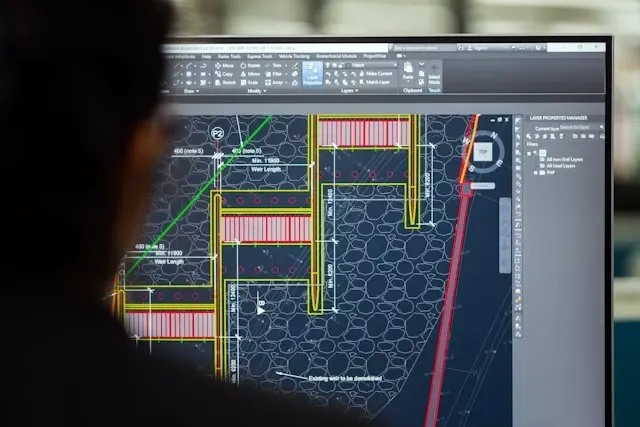 Engineer working on a detailed CAD design on a computer.
